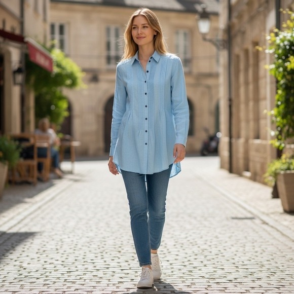 Sundance Tops - SUNDANCE Blue Katina Linen Pintuck Tunic Shirt Sz M Pleated Boho Travel‎ Relaxed